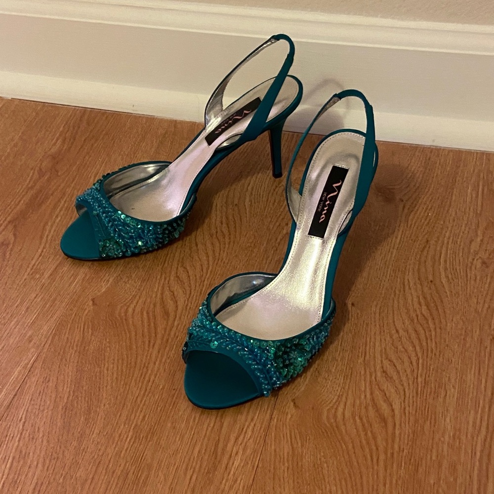 Nina Teal Embellished Heels